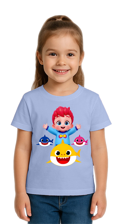 Unisex Baby Shark  Baskılı Çocuk Tişört pamuklu penye kumaş