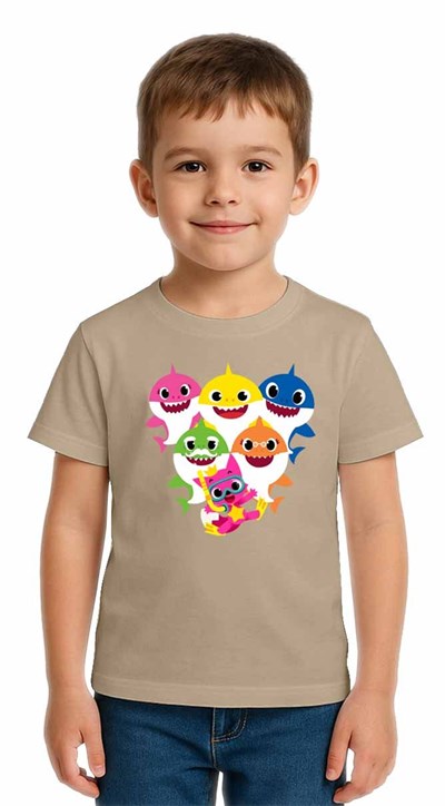 Unisex Baby Shark Baskılı Çocuk Tişört pamuklu penye kumaş