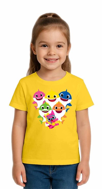 Unisex Baby Shark Baskılı Çocuk Tişört pamuklu penye kumaş