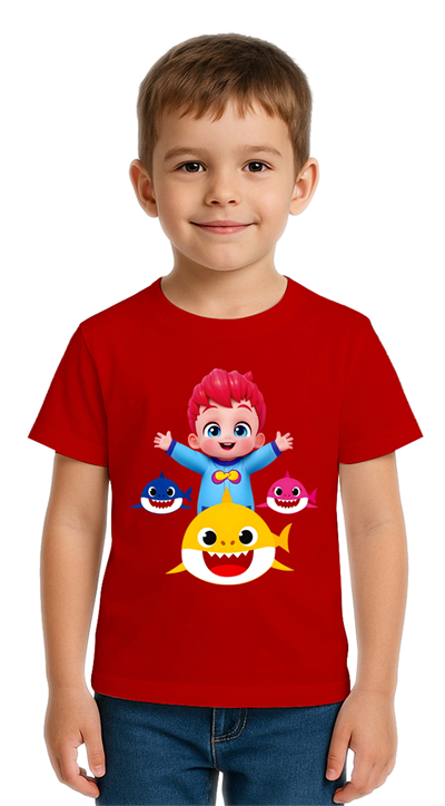 Unisex Baby Shark  Baskılı Çocuk Tişört pamuklu penye kumaş