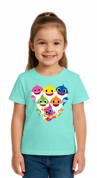 Unisex Baby Shark Baskılı Çocuk Tişört pamuklu penye kumaş