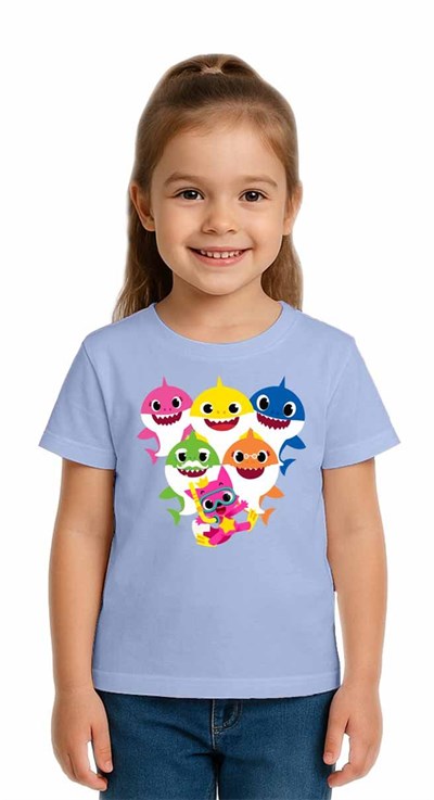 Unisex Baby Shark Baskılı Çocuk Tişört pamuklu penye kumaş