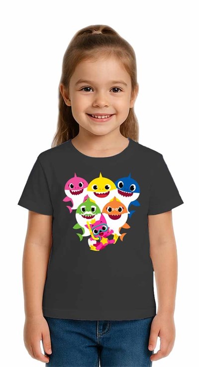 Unisex Baby Shark Baskılı Çocuk Tişört pamuklu penye kumaş