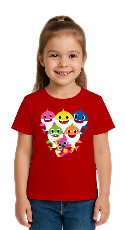 Unisex Baby Shark Baskılı Çocuk Tişört pamuklu penye kumaş