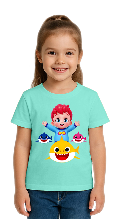 Unisex Baby Shark  Baskılı Çocuk Tişört pamuklu penye kumaş