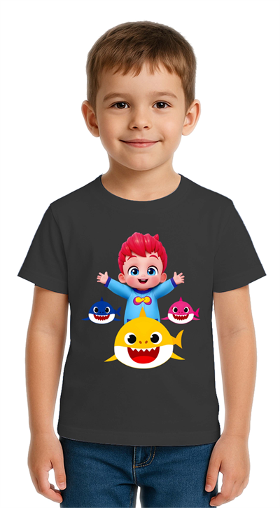 Unisex Baby Shark  Baskılı Çocuk Tişört pamuklu penye kumaş
