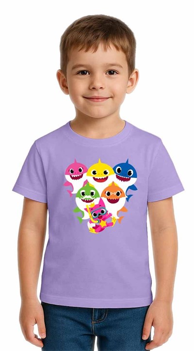 Unisex Baby Shark Baskılı Çocuk Tişört pamuklu penye kumaş