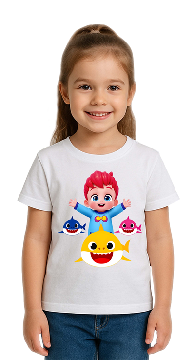 Unisex Baby Shark  Baskılı Çocuk Tişört pamuklu penye kumaş