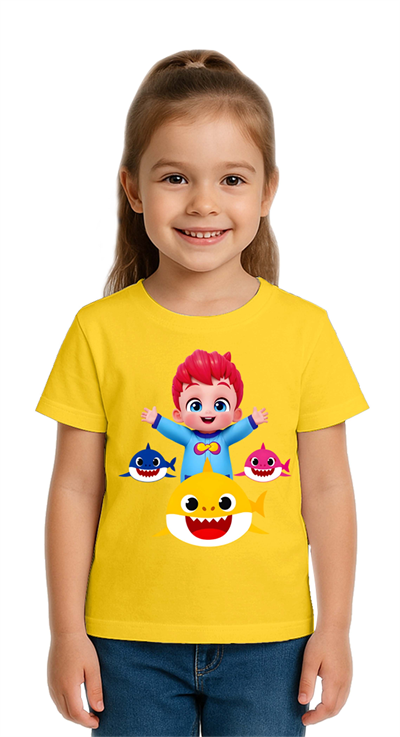 Unisex Baby Shark  Baskılı Çocuk Tişört pamuklu penye kumaş