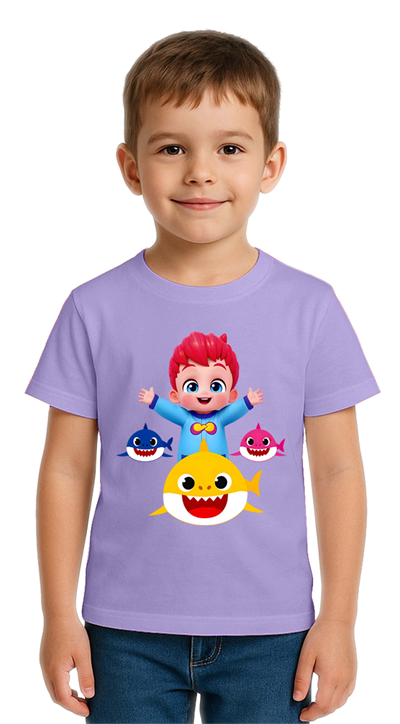 Unisex Baby Shark  Baskılı Çocuk Tişört pamuklu penye kumaş