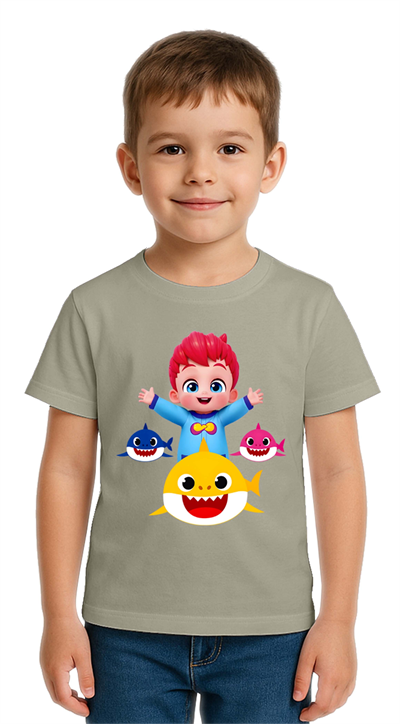 Unisex Baby Shark  Baskılı Çocuk Tişört pamuklu penye kumaş