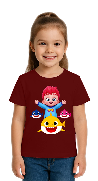Unisex Baby Shark  Baskılı Çocuk Tişört pamuklu penye kumaş