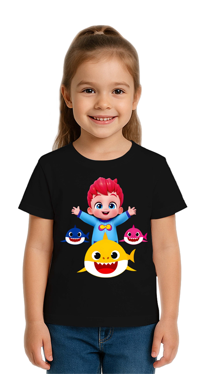 Unisex Baby Shark  Baskılı Çocuk Tişört pamuklu penye kumaş