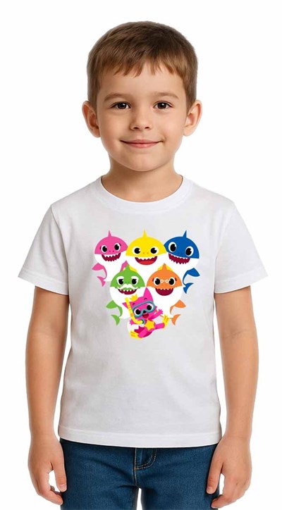 Unisex Baby Shark Baskılı Çocuk Tişört pamuklu penye kumaş