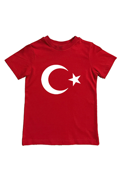 unisex baskılı ay yıldızlı  türk bayrağı pamuklu penye çocuk tişörtü