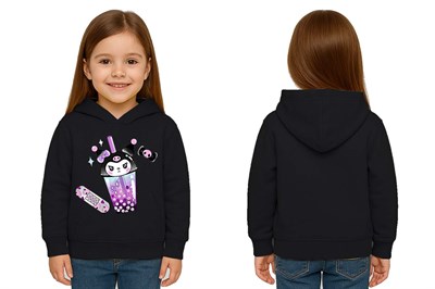 Unisex Baskılı Çocuk Swaetshirt Kapüşonlu 3 İplik Şardonlu Kuromi baskılı