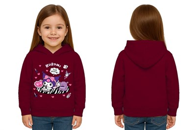 Unisex Baskılı Çocuk Swaetshirt Kapüşonlu 3 İplik Şardonlu Kuromi baskılı