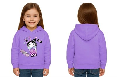 Unisex Baskılı Çocuk Swaetshirt Kapüşonlu 3 İplik Şardonlu Kuromi baskılı