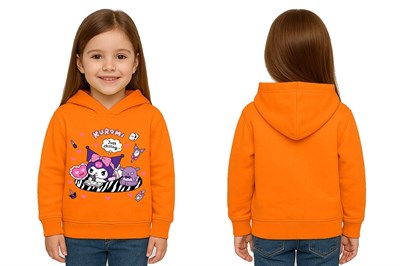 Unisex Baskılı Çocuk Swaetshirt Kapüşonlu 3 İplik Şardonlu Kuromi baskılı