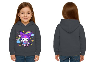 Unisex Baskılı Çocuk Swaetshirt Kapüşonlu 3 İplik Şardonlu Kuromi baskılı