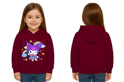 Unisex Baskılı Çocuk Swaetshirt Kapüşonlu 3 İplik Şardonlu Kuromi baskılı