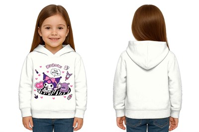 Unisex Baskılı Çocuk Swaetshirt Kapüşonlu 3 İplik Şardonlu Kuromi baskılı
