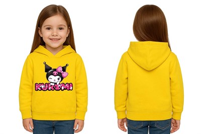 Unisex Baskılı Çocuk Swaetshirt Kapüşonlu 3 İplik Şardonlu Kuromi baskılı