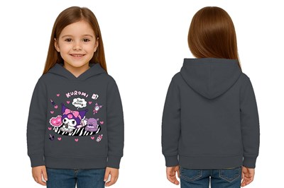 Unisex Baskılı Çocuk Swaetshirt Kapüşonlu 3 İplik Şardonlu Kuromi baskılı