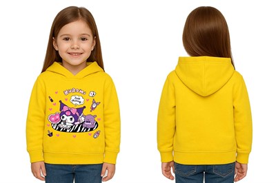 Unisex Baskılı Çocuk Swaetshirt Kapüşonlu 3 İplik Şardonlu Kuromi baskılı