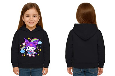 Unisex Baskılı Çocuk Swaetshirt Kapüşonlu 3 İplik Şardonlu Kuromi baskılı