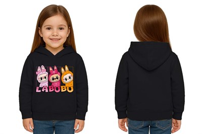 Unisex Baskılı Çocuk Swaetshirt Labubu Baskılı Kapüşonlu 3 İplik Şardonlu