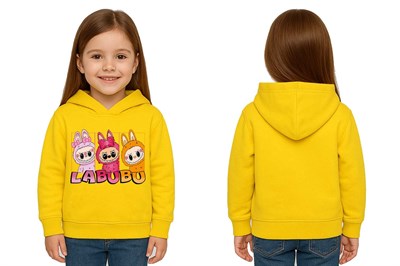 Unisex Baskılı Çocuk Swaetshirt Labubu Baskılı Kapüşonlu 3 İplik Şardonlu