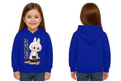 Unisex Baskılı Çocuk Swaetshirt Labubu Baskılı Kapüşonlu 3 İplik Şardonlu