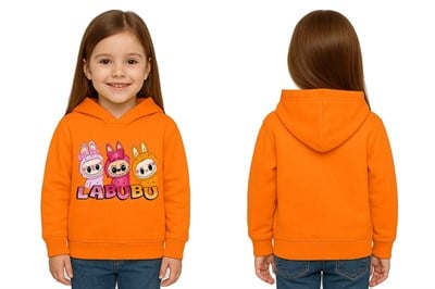 Unisex Baskılı Çocuk Swaetshirt Labubu Baskılı Kapüşonlu 3 İplik Şardonlu