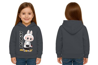 Unisex Baskılı Çocuk Swaetshirt Labubu Baskılı Kapüşonlu 3 İplik Şardonlu