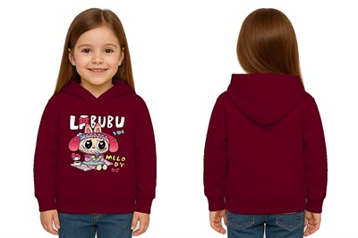Unisex Baskılı Çocuk Swaetshirt Labubu Baskılı Kapüşonlu 3 İplik Şardonlu