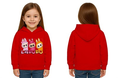 Unisex Baskılı Çocuk Swaetshirt Labubu Baskılı Kapüşonlu 3 İplik Şardonlu