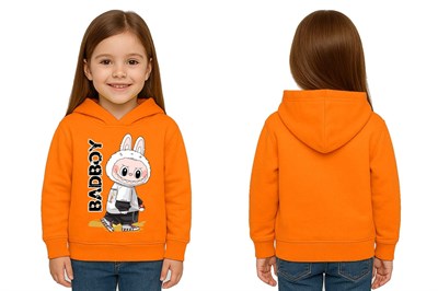 Unisex Baskılı Çocuk Swaetshirt Labubu Baskılı Kapüşonlu 3 İplik Şardonlu