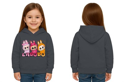 Unisex Baskılı Çocuk Swaetshirt Labubu Baskılı Kapüşonlu 3 İplik Şardonlu