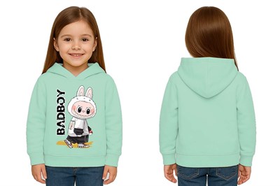Unisex Baskılı Çocuk Swaetshirt Labubu Baskılı Kapüşonlu 3 İplik Şardonlu