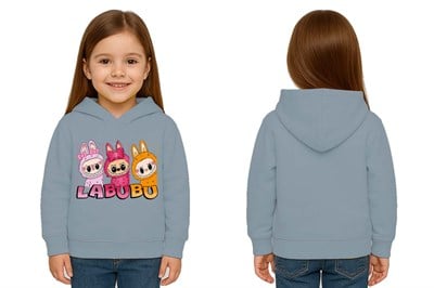 Unisex Baskılı Çocuk Swaetshirt Labubu Baskılı Kapüşonlu 3 İplik Şardonlu