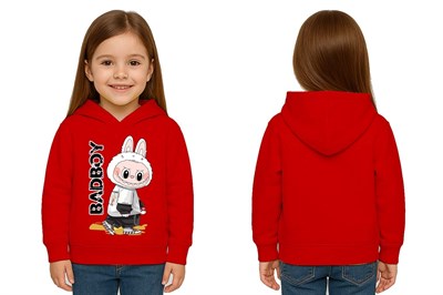Unisex Baskılı Çocuk Swaetshirt Labubu Baskılı Kapüşonlu 3 İplik Şardonlu