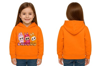 Unisex Baskılı Çocuk Swaetshirt Labubu Baskılı Kapüşonlu 3 İplik Şardonlu
