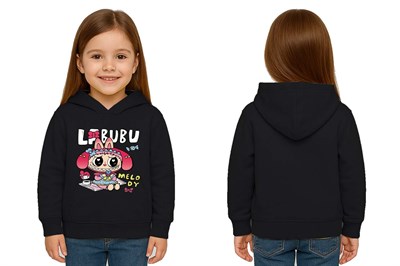 Unisex Baskılı Çocuk Swaetshirt Labubu Baskılı Kapüşonlu 3 İplik Şardonlu