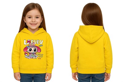 Unisex Baskılı Çocuk Swaetshirt Labubu Baskılı Kapüşonlu 3 İplik Şardonlu