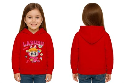 Unisex Baskılı Çocuk Swaetshirt Labubu Baskılı Kapüşonlu 3 İplik Şardonlu