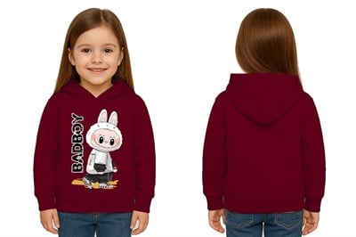 Unisex Baskılı Çocuk Swaetshirt Labubu Baskılı Kapüşonlu 3 İplik Şardonlu