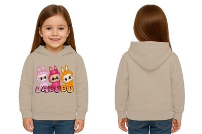 Unisex Baskılı Çocuk Swaetshirt Labubu Baskılı Kapüşonlu 3 İplik Şardonlu