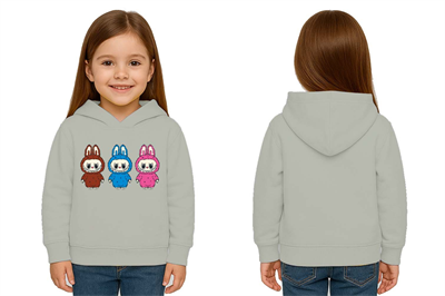 Unisex Baskılı Çocuk Swaetshirt Labubu Baskılı Kapüşonlu 3 İplik Şardonlu