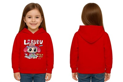 Unisex Baskılı Çocuk Swaetshirt Labubu Baskılı Kapüşonlu 3 İplik Şardonlu